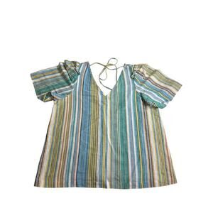 Ann Taylor Linen Blend V Neck Grren Blue Striped Blouse Top Ruffles Large